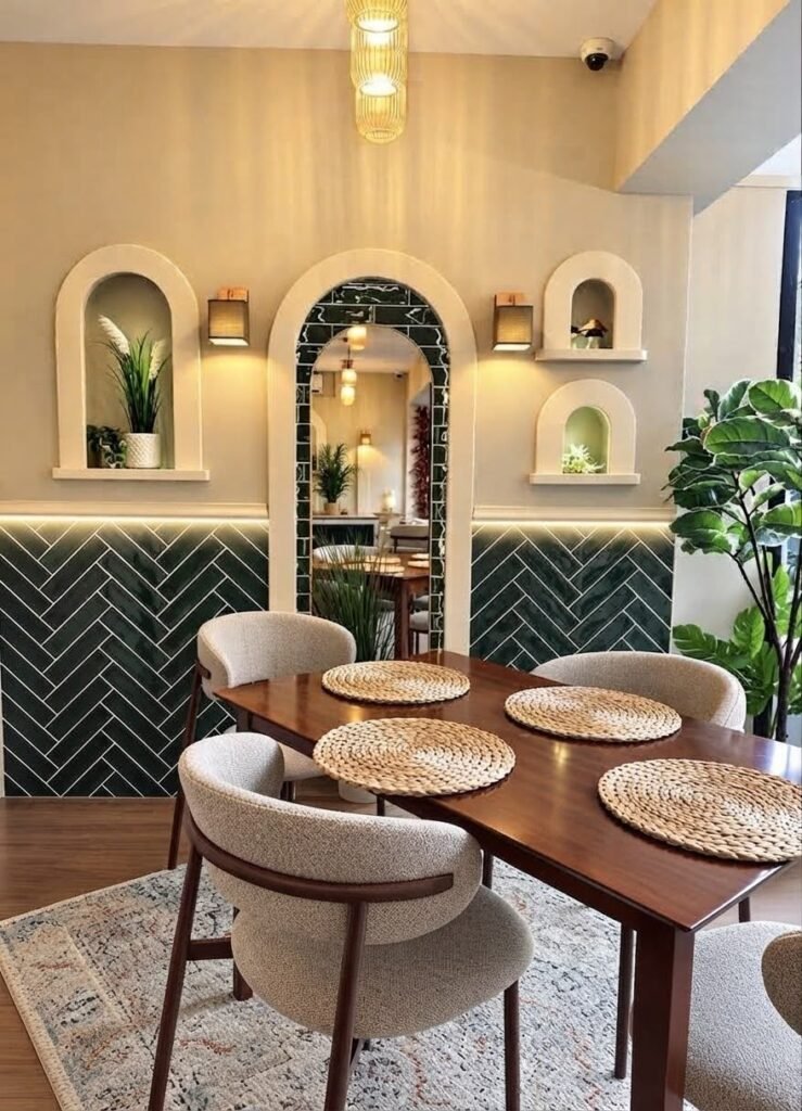 Restaurant avec niches en arche et carrelage vert – MEC DMIR