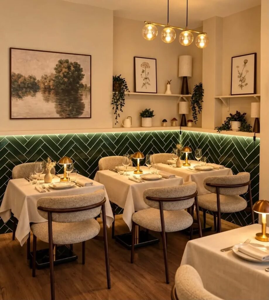 Aménagement restaurant, zellige vert et luminaires dorés – MEC DMIR